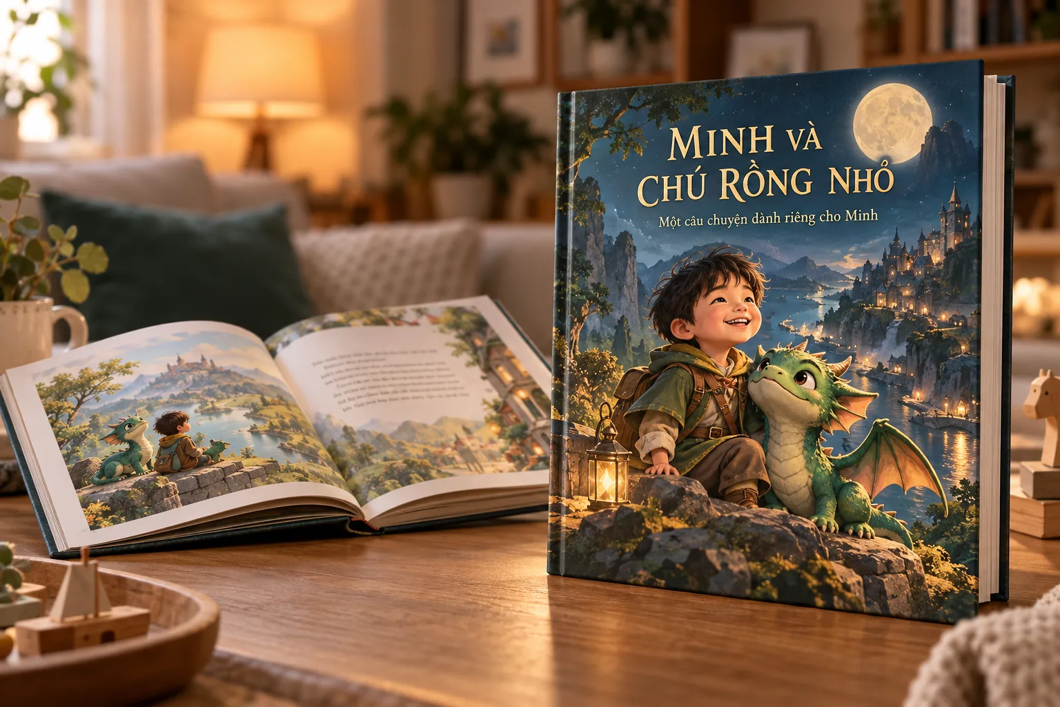 Sách tranh bìa cứng minh họa với Minh và chú rồng, đặt cạnh các trang truyện đã mở